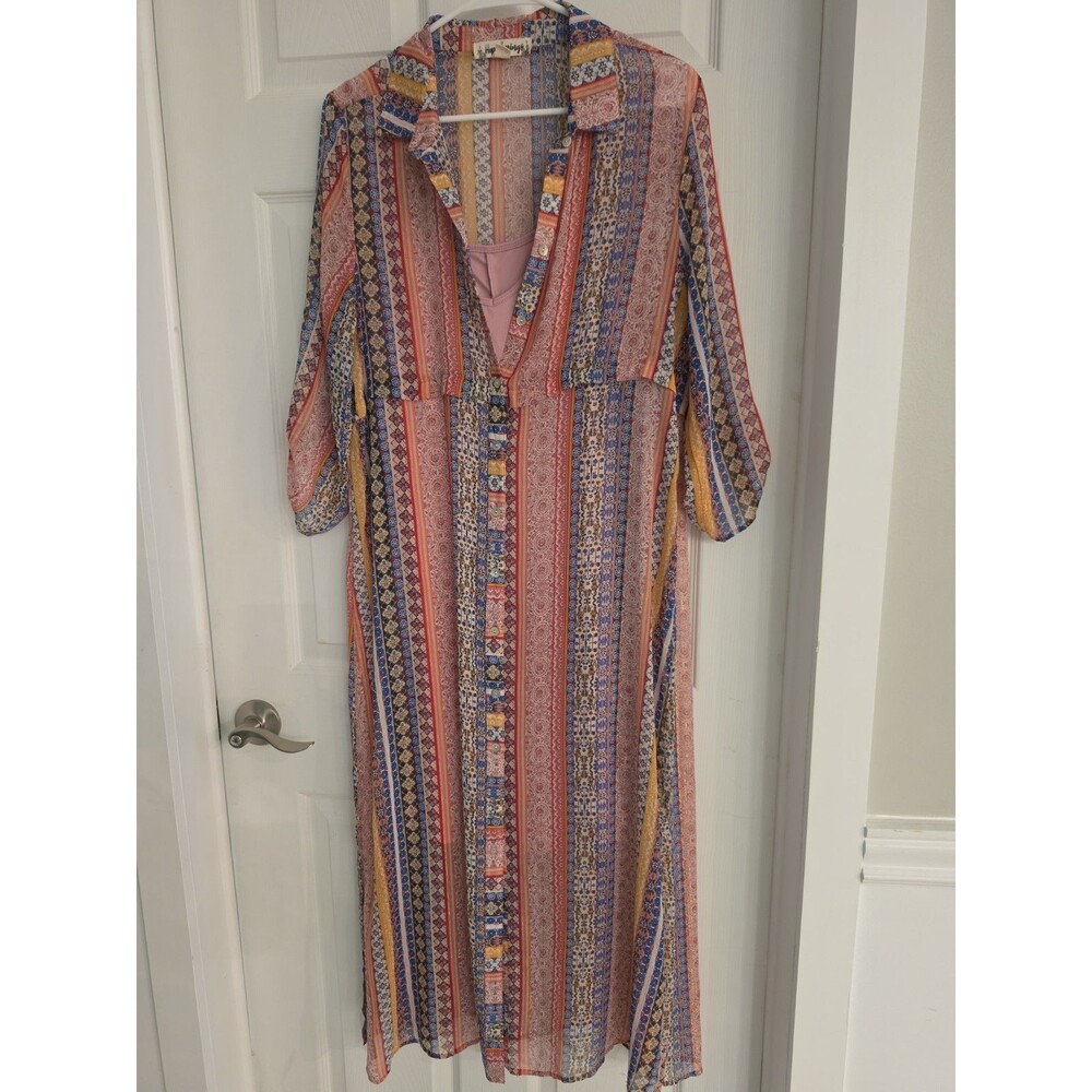 Hope Springs Boho Patchwork Maxi Shirtdress Duster with Gold Lurex Accent Set LG